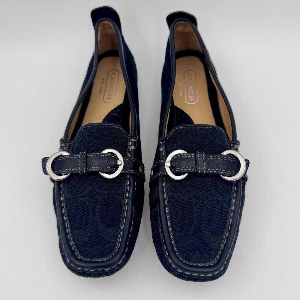 Coach Jillian Navy Blue Signature Jacquard Driving Loafers Buckle Flats 6M - Picture 2 of 9
